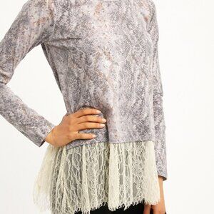 MYSTREE Gray Snakeskin Print Top with Cream Lace Hem Long Sleeve Boutique Blouse